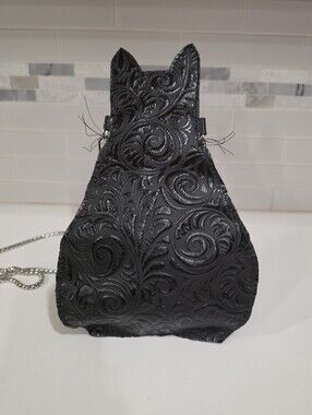 Black Embossed Leather Crossbody Bag - Elegant Swirl Design